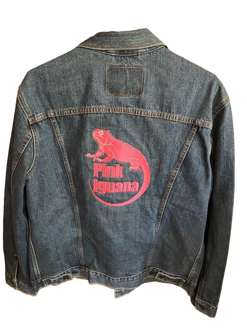 Custom Embroidered Levi's Denim Trucker Jacket Size L Pink Iguana Graphic 72334